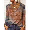 T-shirt a maniche lunghe con scollo a U, stampa floreale geometrica, bottoni frontali, marca Valstrend.