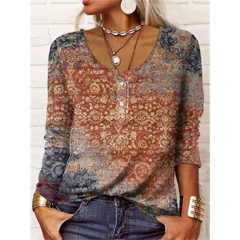 T-shirt a maniche lunghe con scollo a U, stampa floreale geometrica, bottoni frontali, marca Valstrend.