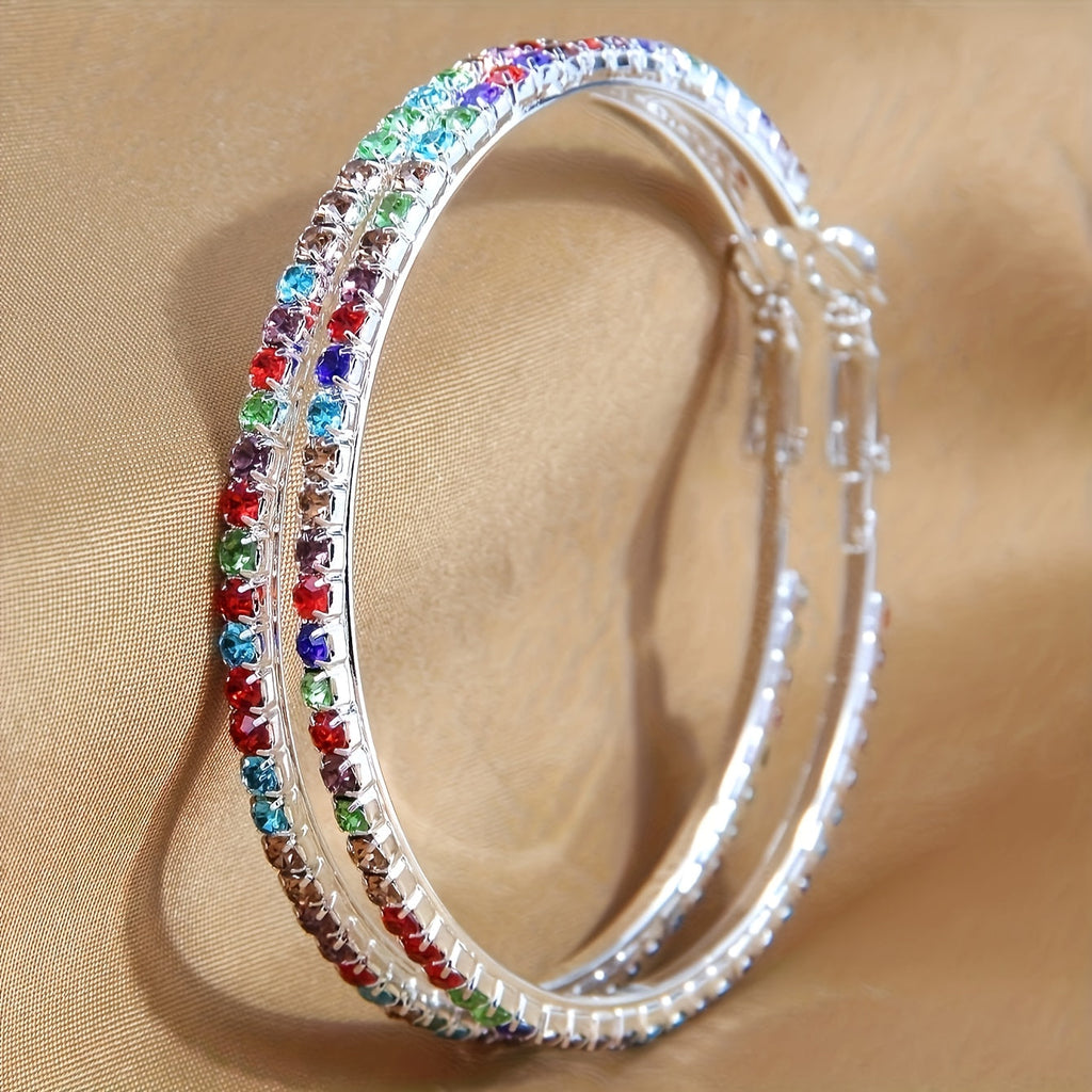 Orecchini a cerchio bohemien colorati con strass, set da 2, argento placcato, stile semplice e alla moda per donne.