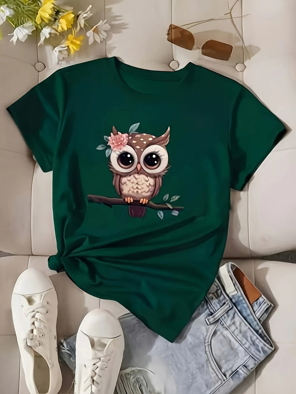 T-shirt donna con stampa di gufo in stile cartone, manica corta e collo rotondo, ideale per primavera ed estate.