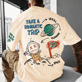 Men's Astronaut Cartoon Print Crew Neck T-Shirt Polyester Knit Fabric with Slight Stretch, Geometric Pattern Street Style Tee for Summer - Regular Fit Short Sleeve Casual Shirt