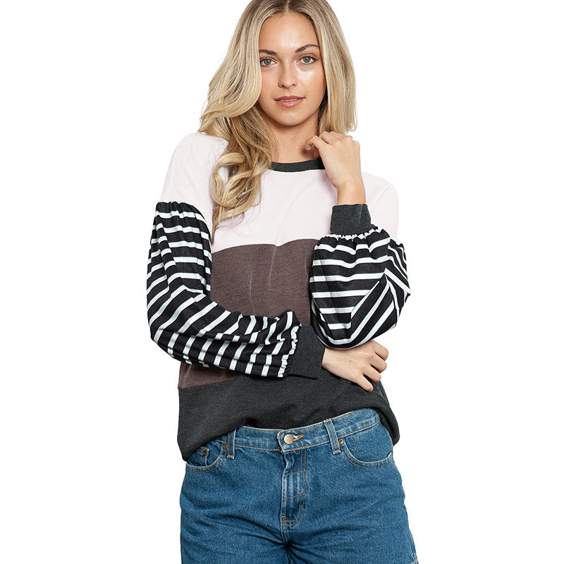 Maglione femminile a maniche lunghe con spalle a righe e splicing, marchio Valstrend, tessuto morbido e stile casual.