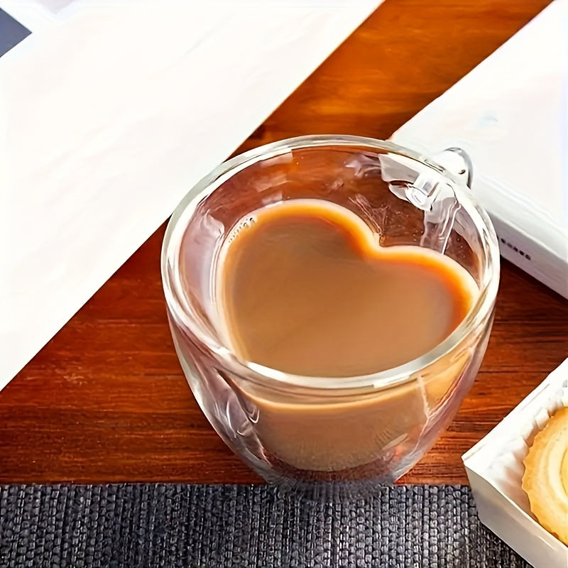 1pc Heart-Shaped Double Wall Glass Cup for Hot and Cold Beverages, Transparent Heat Resistant Teacup for Coffee, Tea - Food Contact Safe Outdoor Kitchen Accessory