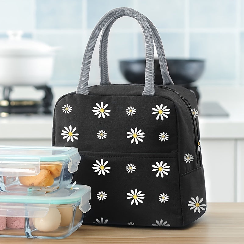 Chic Daisy Insulated Lunch Bag - Portable Thermal Bento Box Carrier for Work, School & Picnic - Durable Oxford Fabric with Zip Closure - Gray/Black