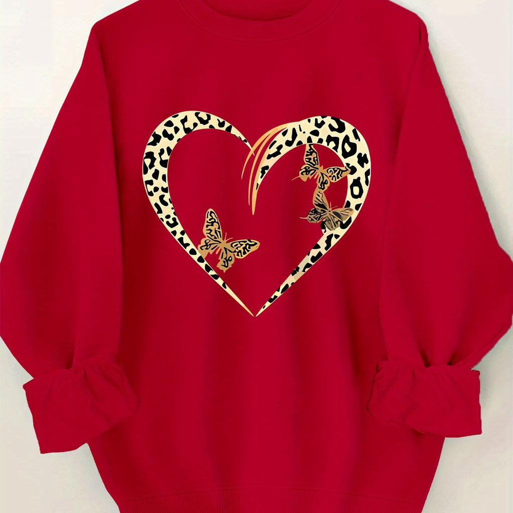 Valentine'S Day Inspired Women'S Knit Polyester Sweatshirt - Casual Crew Neck Pullover with Heart & Leopard Print, All-Season Fashion Sweater