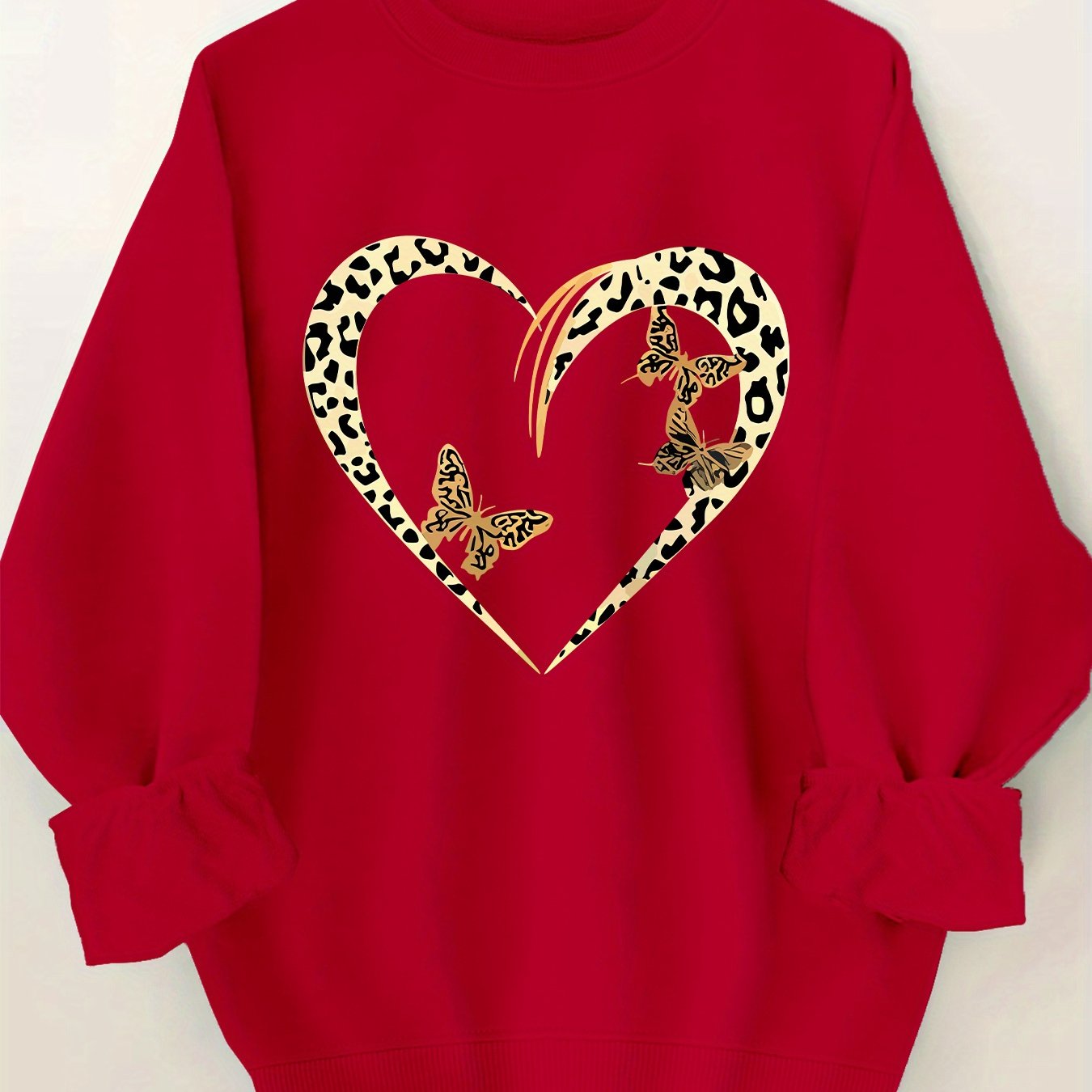 Valentine'S Day Inspired Women'S Knit Polyester Sweatshirt - Casual Crew Neck Pullover with Heart & Leopard Print, All-Season Fashion Sweater