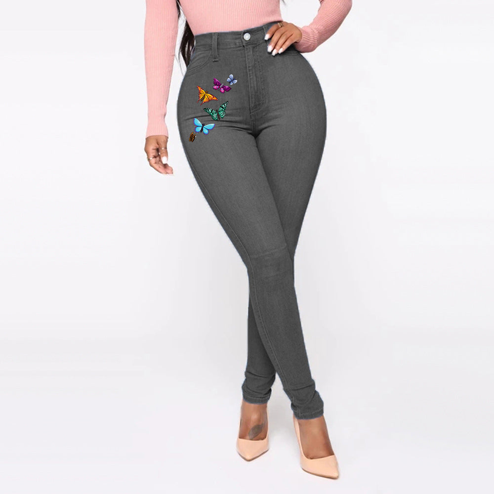 Jeans donna con stampa farfalla, alta vita, stile europeo e americano, pantaloni Valstrend shop, moda femminile elegante