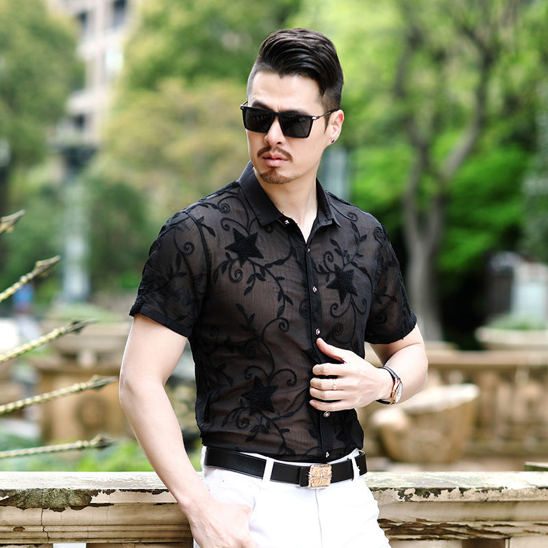 Camicia casual da uomo Valstrend, stile estivo, slim fit, ricamata, senza pieghe, tessuto leggero e traspirante.