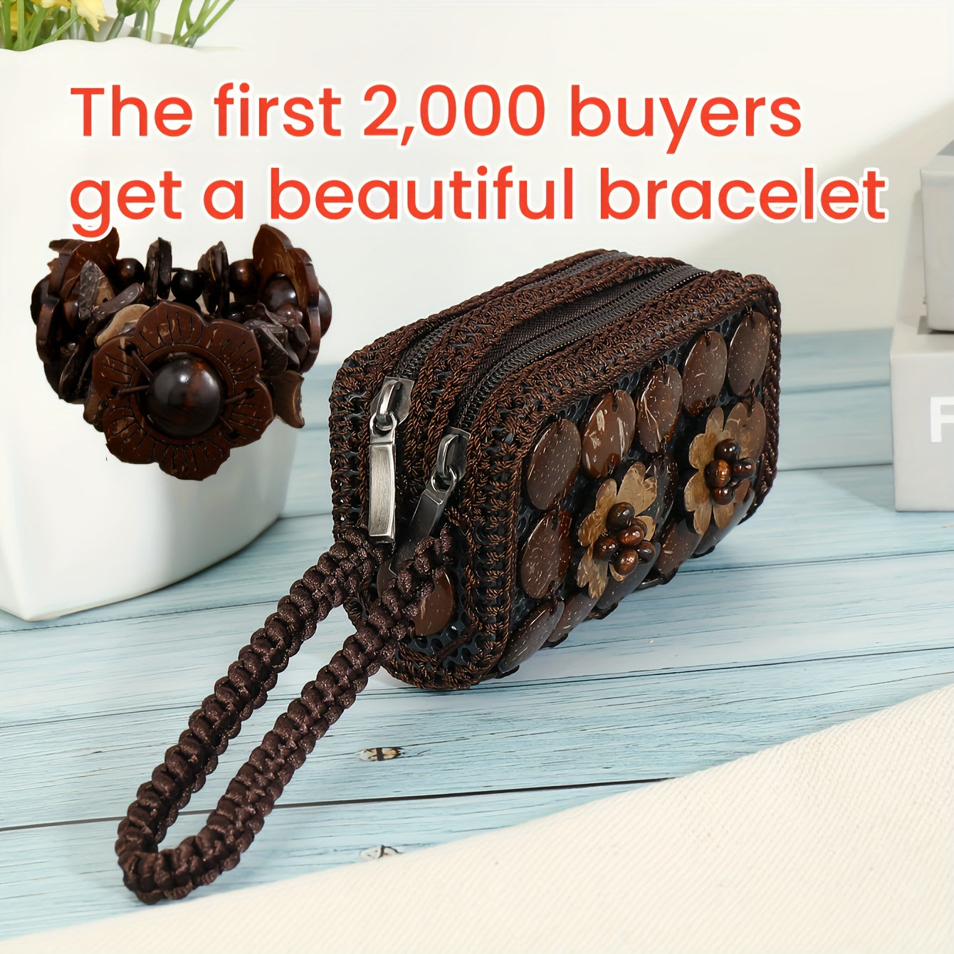 Pure Natural Coconut Shell Special Ethnic Style Handmade Braided Flower Handbag Women's Bag The First 2000 Buyers Will Receive a Beautiful Bracelet