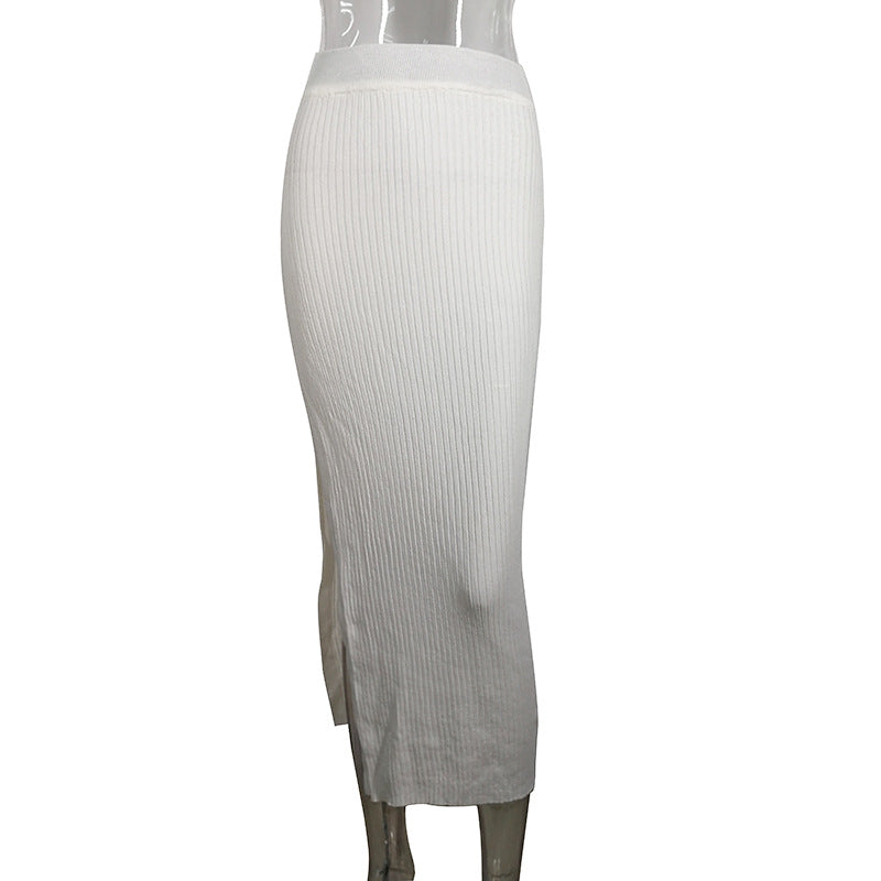 Gonna estiva bianca a vita alta, a maglia, con spacco laterale, a media lunghezza, modello aderente, marca Valstrend shop