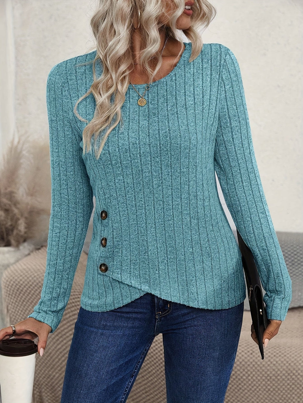 Maglietta donna a maniche lunghe con collo rotondo in tessuto elastico color solido, ideale per autunno e inverno, Valstrend.