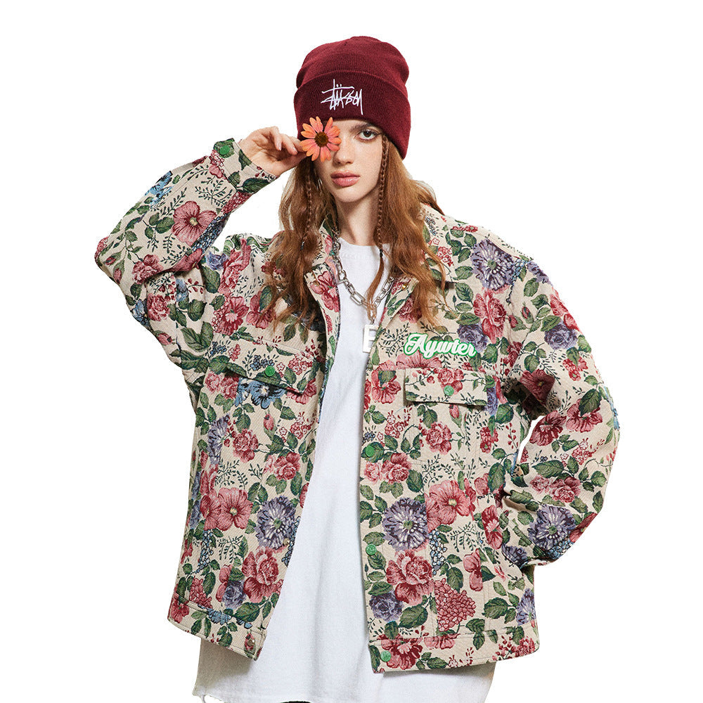 Giacca baggy in stile retrò americano con stampa floreale, tessuto yarn-dyed, marca Valstrend, vista frontale.