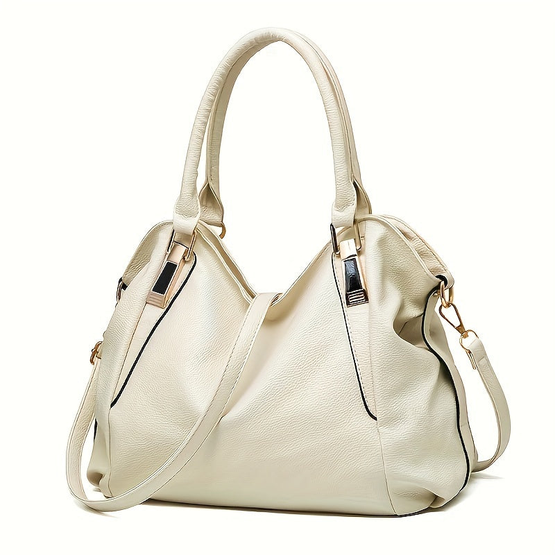 1pc Women'S Fashion Handbag 2024 - Faux Leather Tote with Zip Closure, Polyester Lining, and Edged Detail - Versatile Shoulder & Crossbody Bag in Black, White, and Navy
