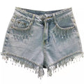 Summer High Waist Slimming Edging Heavy Industry Rhinestone Tassel Denim Shorts