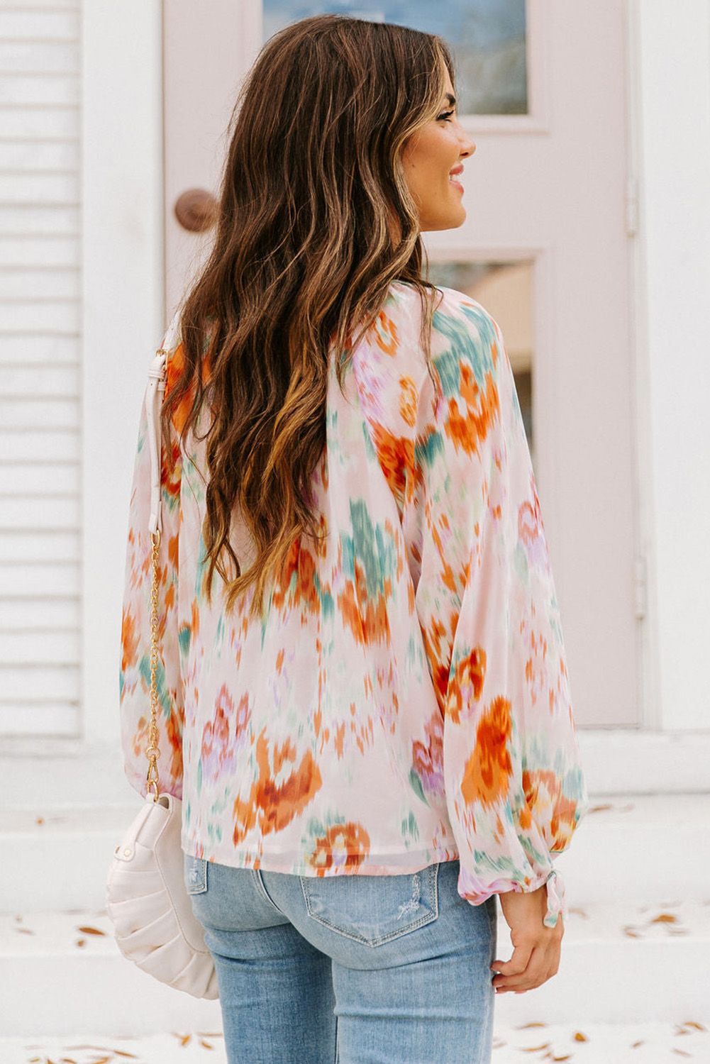 Multicolor Abstract Printing Split Collar Puff Sleeve Shirt