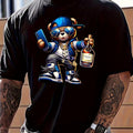 Men's Casual Fashion Cartoon Bear with Blue Cap Print T-Shirt, 100% Polyester Knit Fabric, Regular Fit Crew Neck Tee, Medium Stretch, All-Season Style