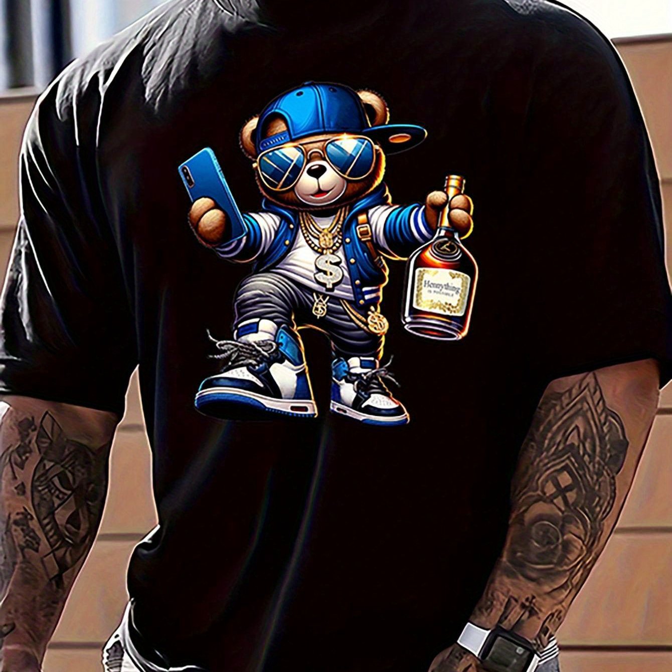 Men's Casual Fashion Cartoon Bear with Blue Cap Print T-Shirt, 100% Polyester Knit Fabric, Regular Fit Crew Neck Tee, Medium Stretch, All-Season Style