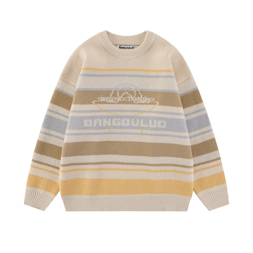 Maglione girocollo in jacquard con motivo a lettere e righe in stile street, brand Valstrend, con design colorato e tessuto morbido