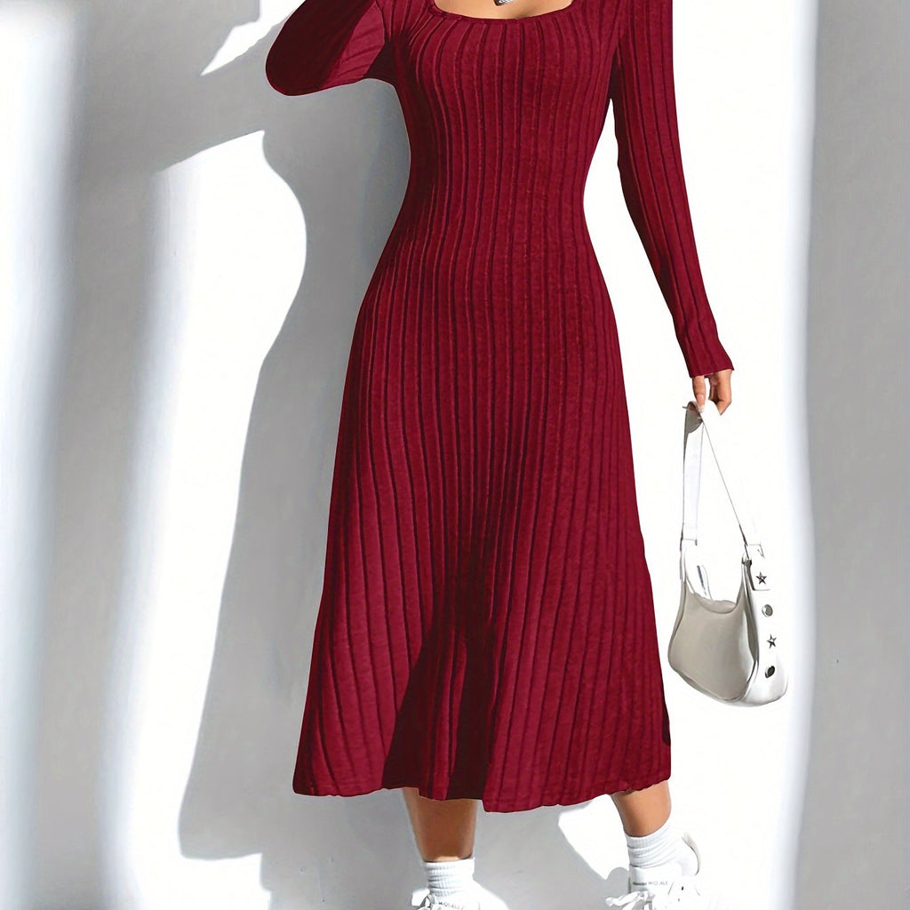 Ribbed Long Sleeve A-line Dress, Elegant Solid Color Square Neck Knitted Dress, Women's Clothing
