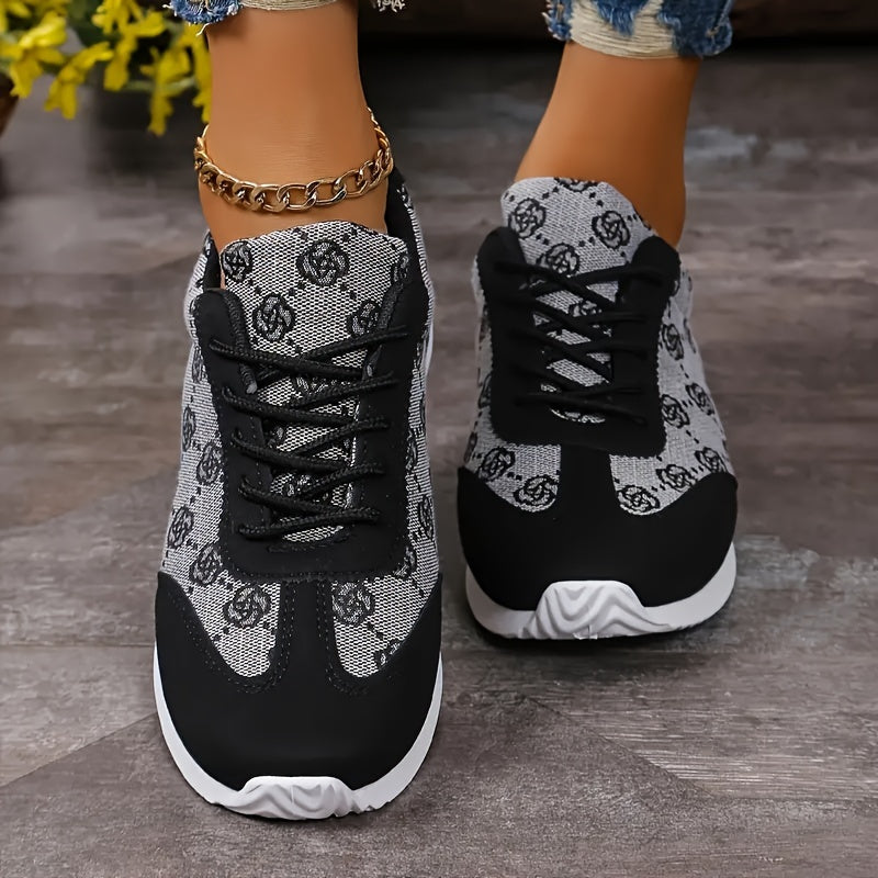 Sneakers casual donna Valstrend con motivo a rose, lacci, suola in gomma, piattaforma morbida e stile preppy, basso.
