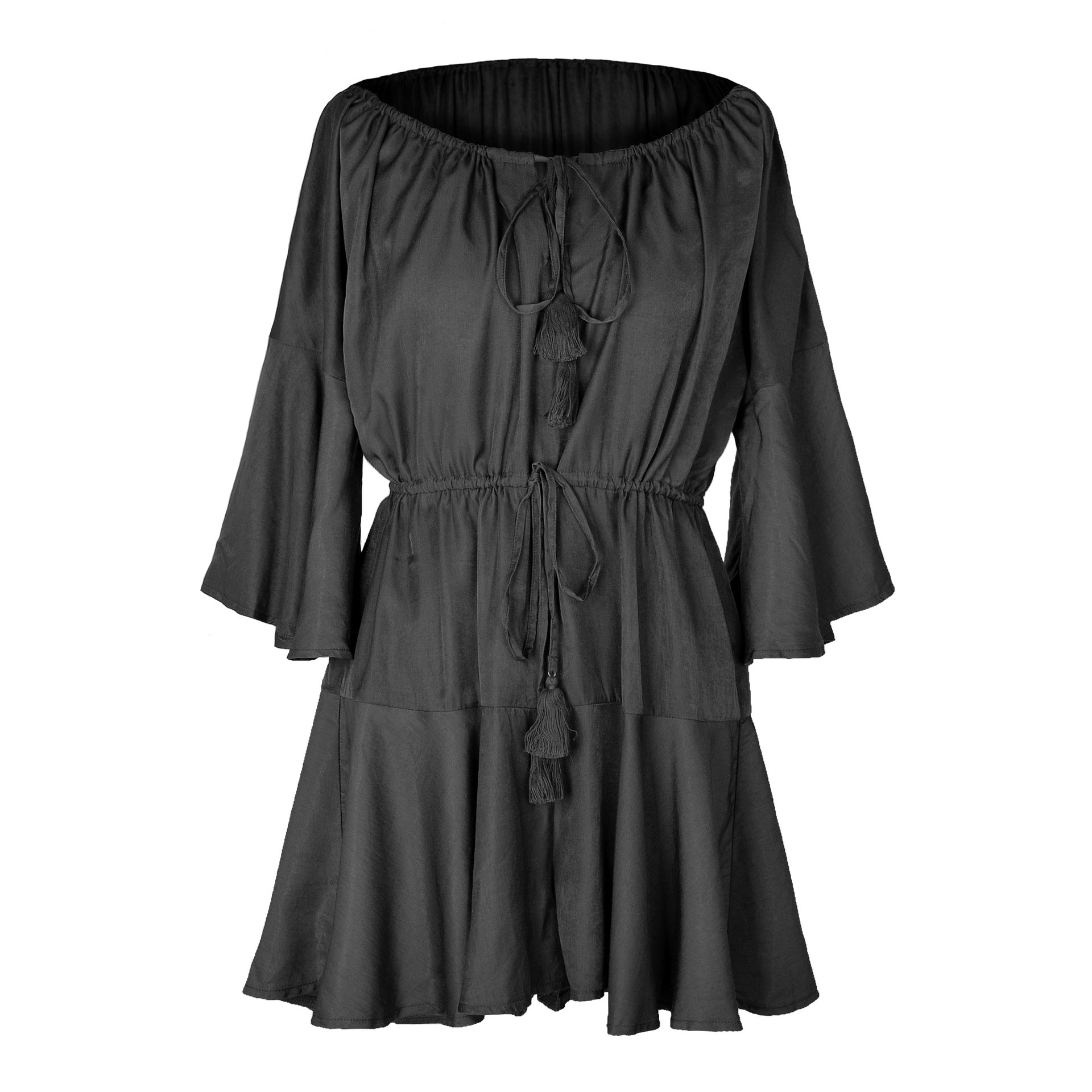 Tuta donna Valstrend con scollo a off-shoulder regolabile, vita alta e vestibilità ampia, in tessuto leggero e comodo.