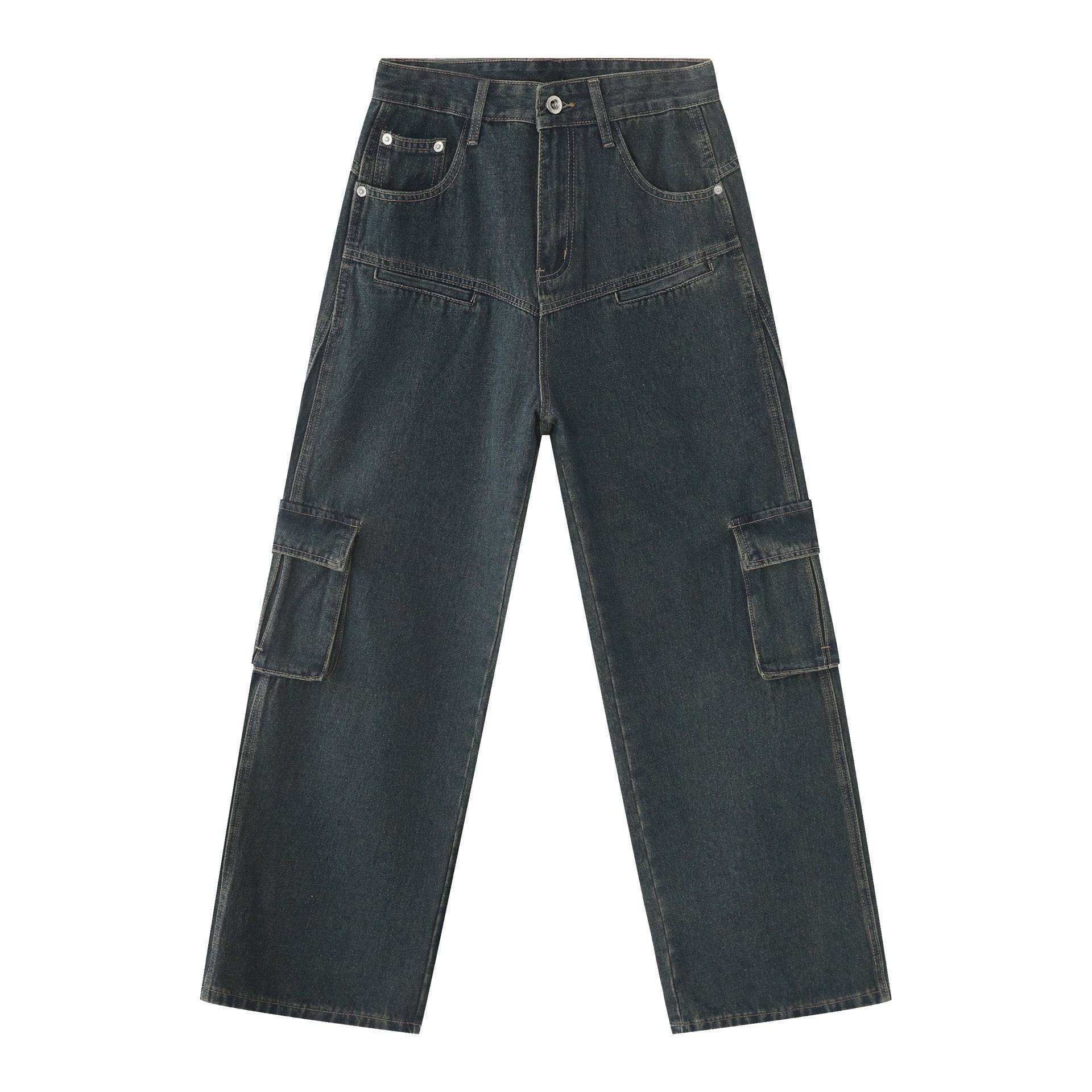Jeans da uomo Valstrend con più tasche in denim washed americano, casual e resistente, con dettagli pratici e stile classico.