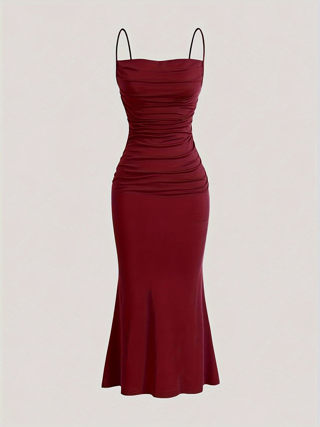 Solid Color Spaghetti Strap Dress, Sexy Sleeveless Ruched Front Mermaid Hem Dress For Spring & Summer, Women's Clothing