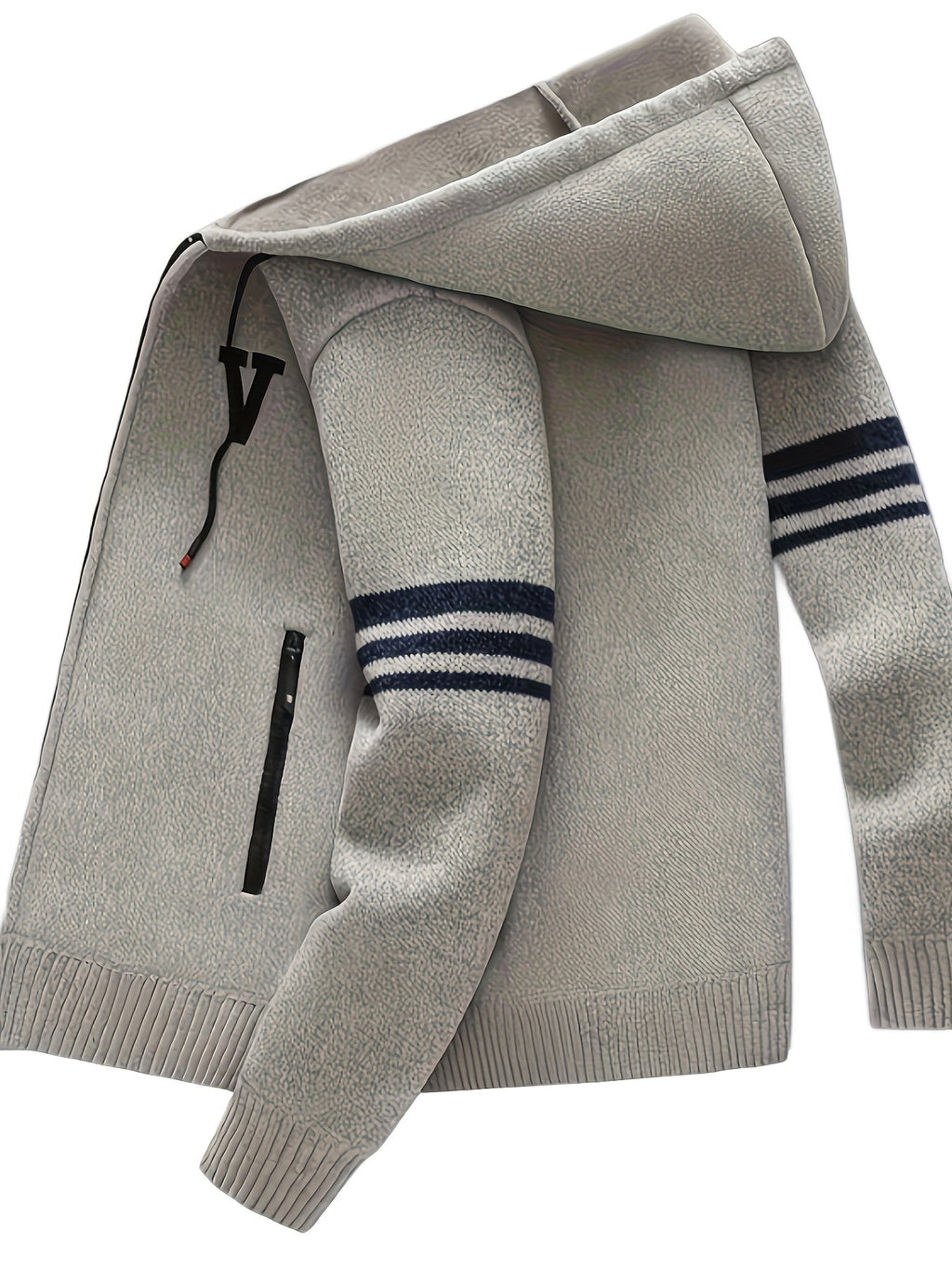 Cardigan da uomo a righe Valstrend con cappuccio, zip, tessuto termico traspirante, ideale per autunno e inverno outdoor.