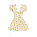 V-neck Puff Sleeve Dress Yellow Flowers Print French Style Sweet Pleated Dresses Womens Clothing