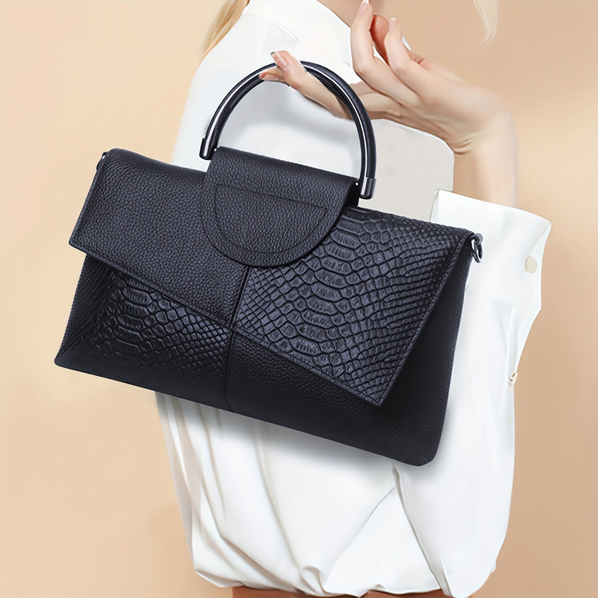 Borsa a tracolla donna in PU con motivo rettile, valvola di lusso e design elegante, stile clutch di Valstrend shop.