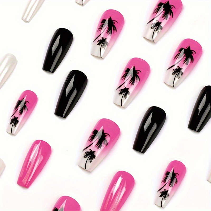 Set di 24 unghie finte a pressione per donne e ragazze, con finitura lucida, gradiente nero e chiaro, con decorazione di palma