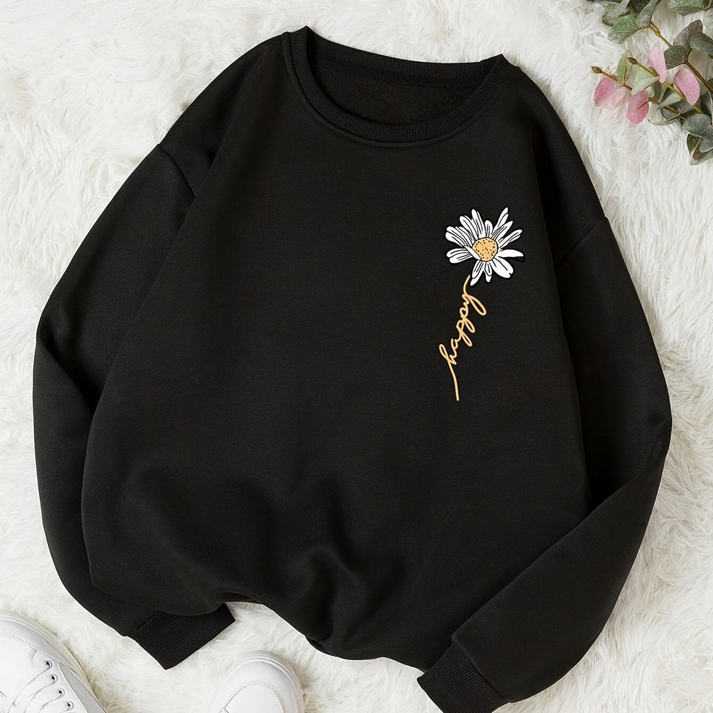 Daisy Print Pullover Sweatshirt, Casual Long Sleeve Crew Neck Sweatshirt For Fall & Winter, Women's Clothing