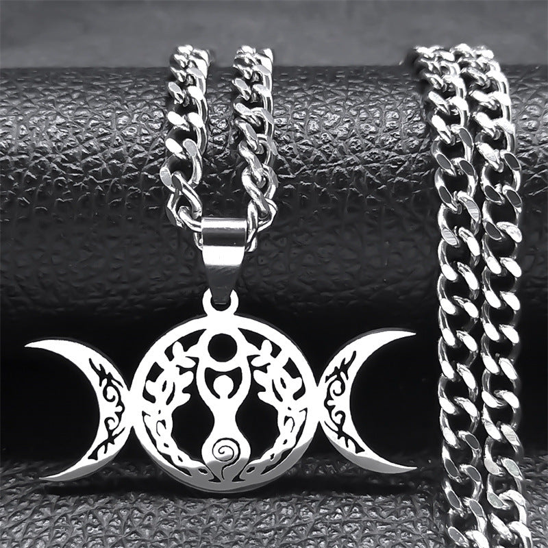 Collana clavicle con pendente a tripla luna celtica con nodo, stile elegante, in metallo, decorativa e simbolica.