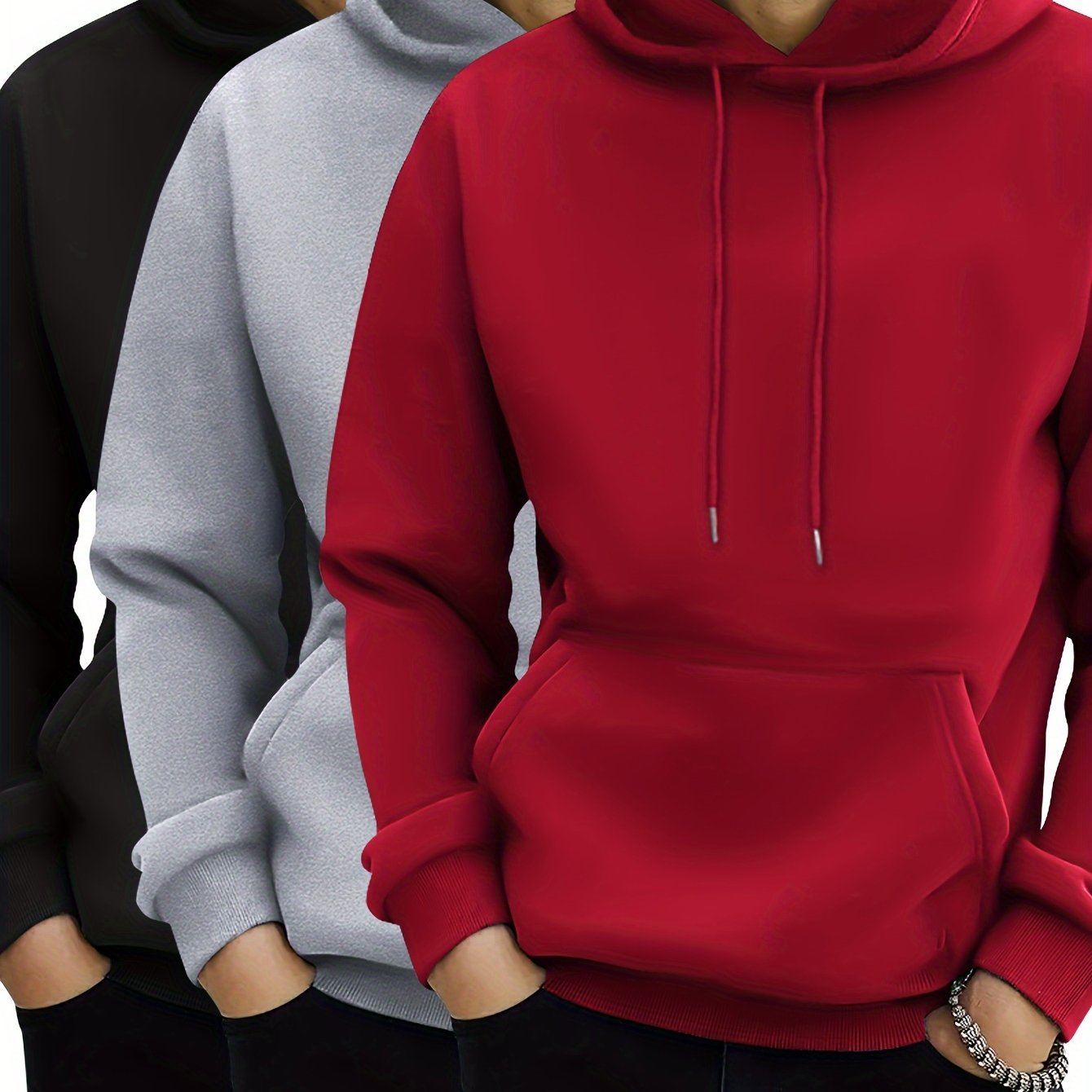 3pcs Men's Hoodies - Solid Color, Drawstring & Kangaroo Pocket | Casual Sportswear for Spring/Fall