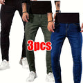 3pcs Men's Slim Fit Stretch Jeans - Casual Street Style Denim in Solid Colors, Cotton Blend