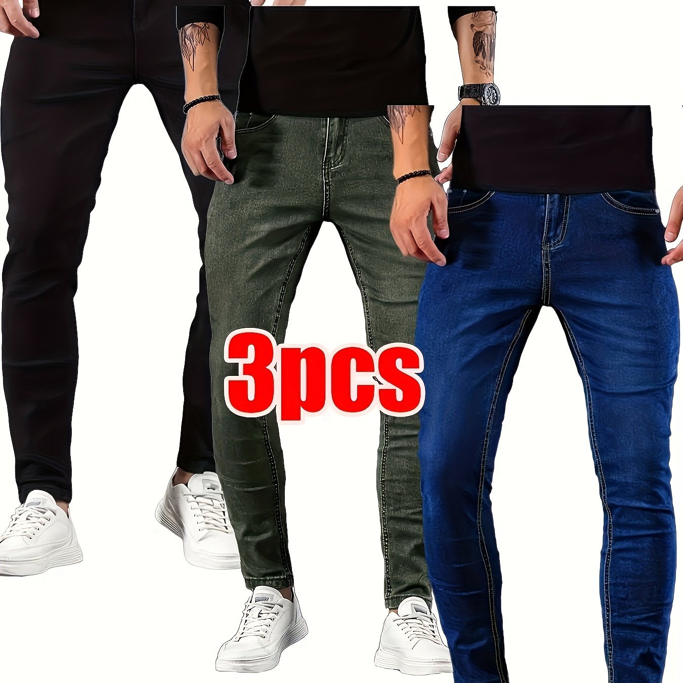 3pcs Men's Slim Fit Stretch Jeans - Casual Street Style Denim in Solid Colors, Cotton Blend