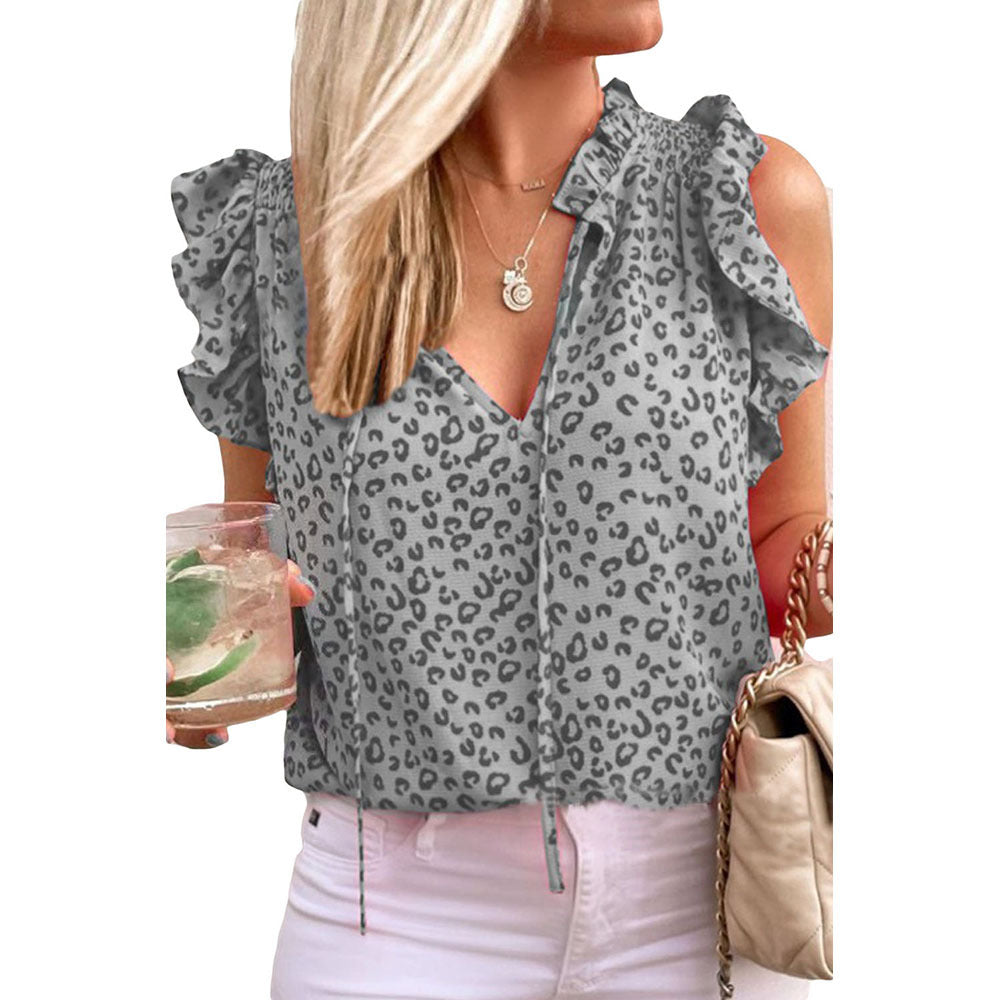 T-shirt da donna con scollo a V, stampa colorata e maniche corte, marca Valstrend shop, vista frontale.