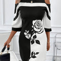 Floral Print Crew Neck Dress, Elegant Half Sleeve Dress For Spring & Summer, Women's Clothing
