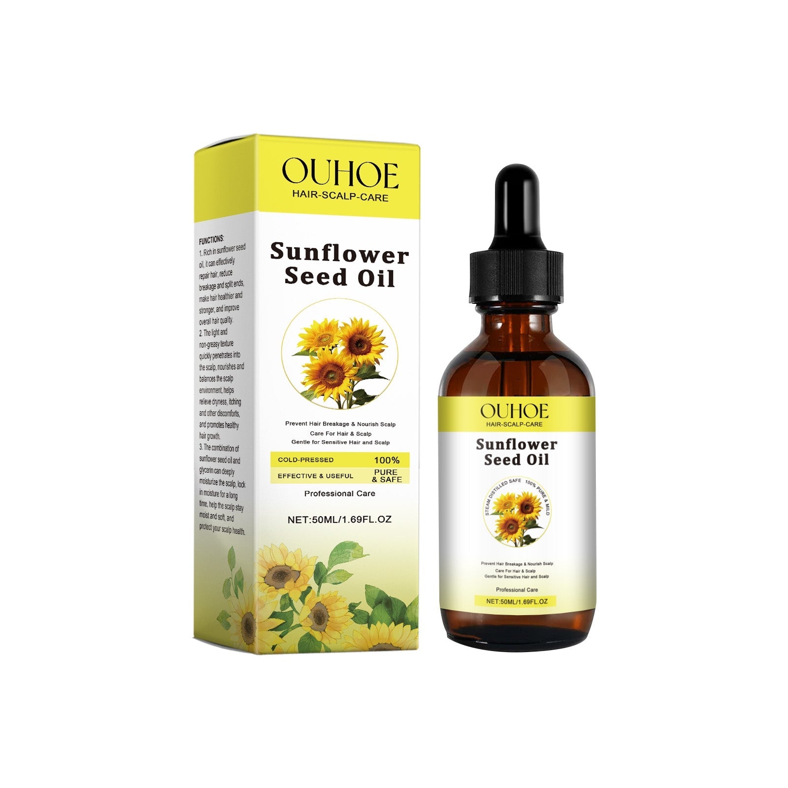 Olio di semi di girasole Valstrend shop in bottiglia trasparente, vista dettagliata dell'etichetta e del contenuto dorato