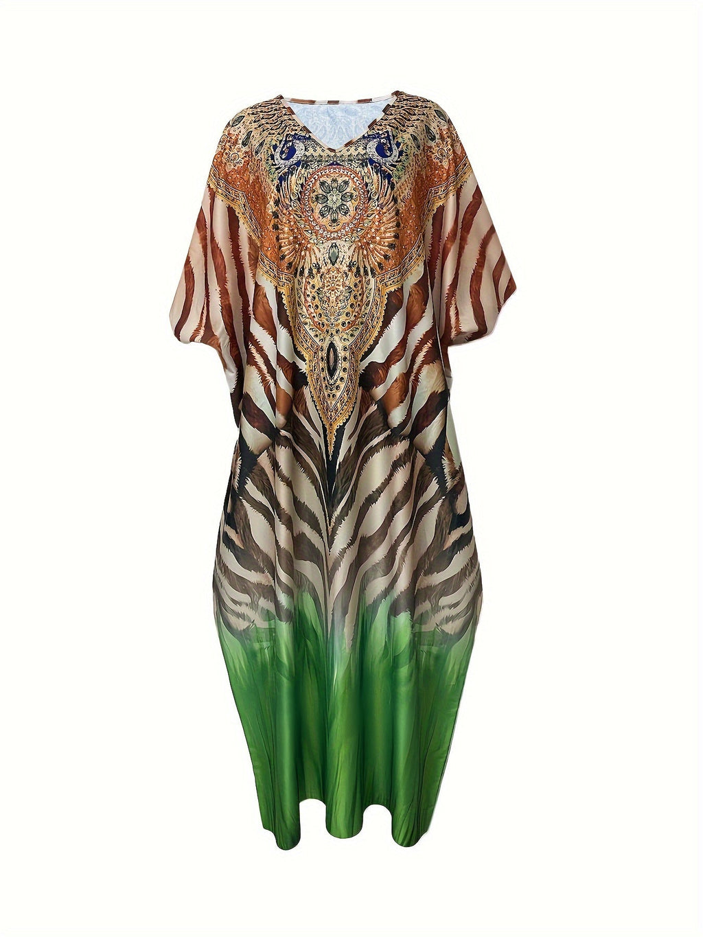 Abito lungo a stampa allover Valstrend, vestito maxi casual con scollo a V e maniche a pipistrello, donna taglia comoda primavera estate.