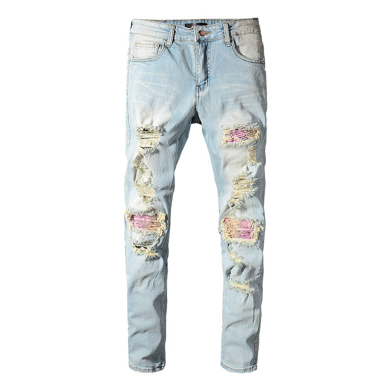 Jeans slim fit Valstrend shop Worn Wash Color INS con effetto usurato e dettagli in denim, mostrati su un manichino.