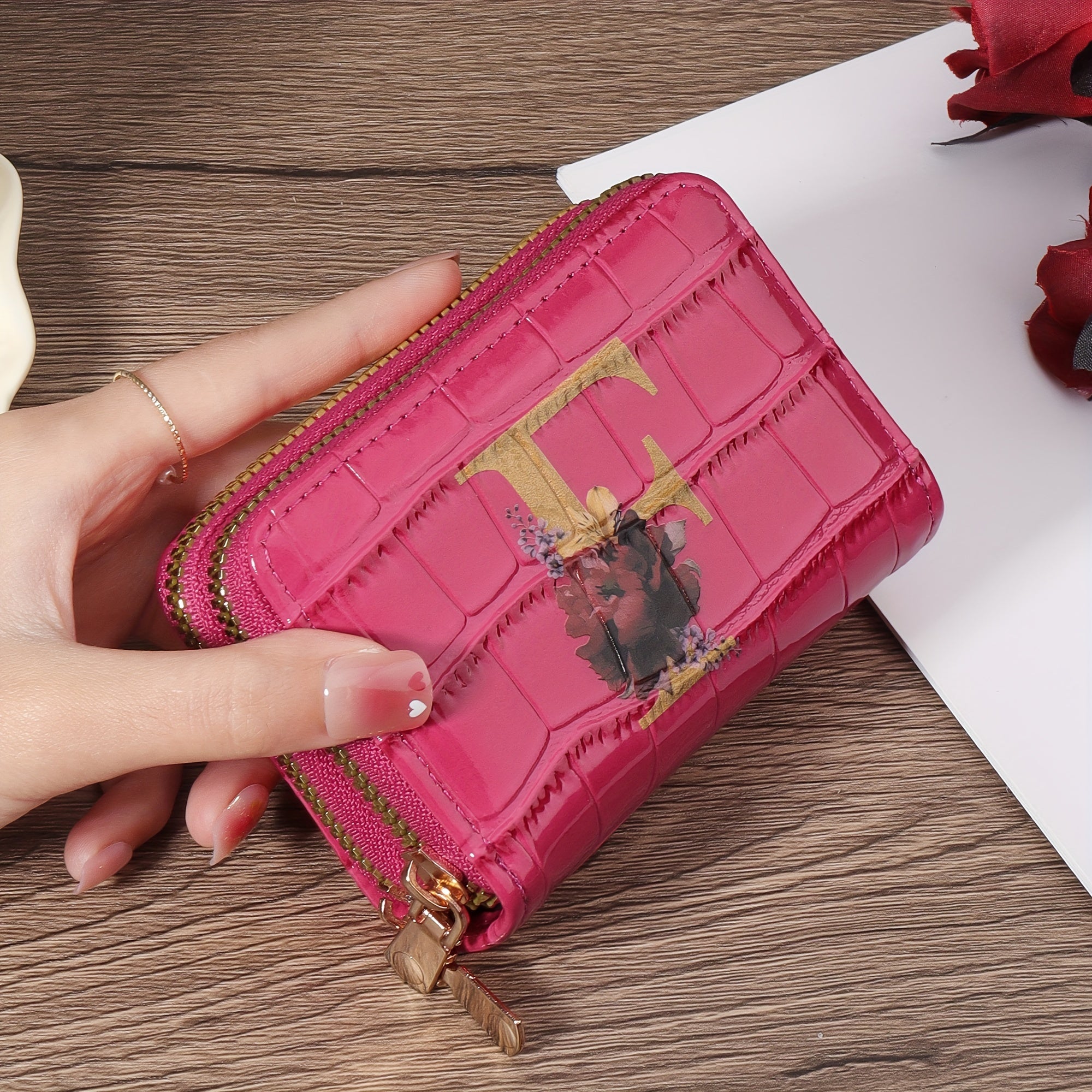 Portafoglio portacarte Valstrend con motivo floreale, compatto, con zip, ideale per donne e uomini, design a fisarmonica.