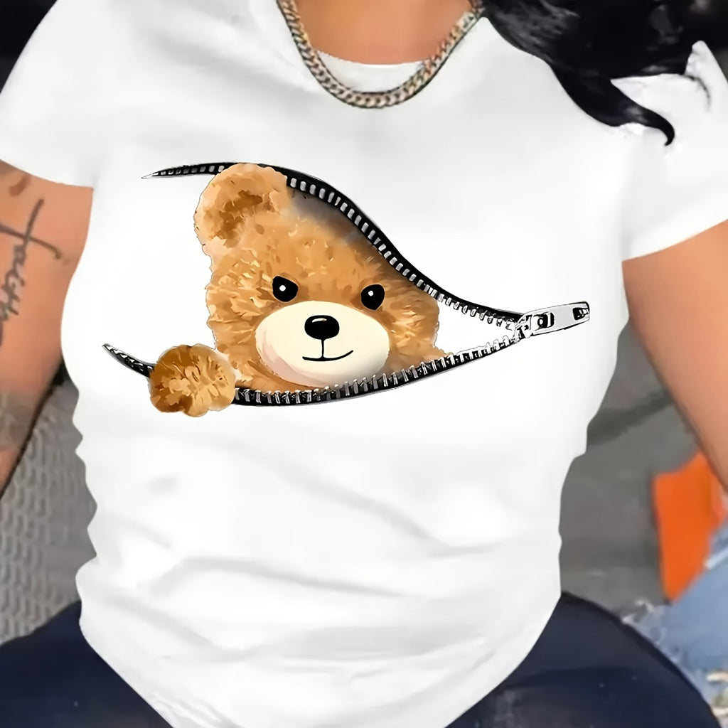 T-shirt donna Valstrend con stampa cartone animato orso, maniche corte, collo rotondo e stile casual sportivo