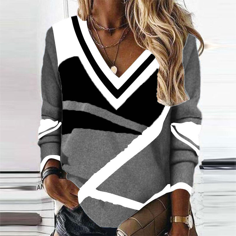 Vestito da donna Valstrend con collo a V, stampa geometrica a contrasto, maniche lunghe e stile elegante e loose.