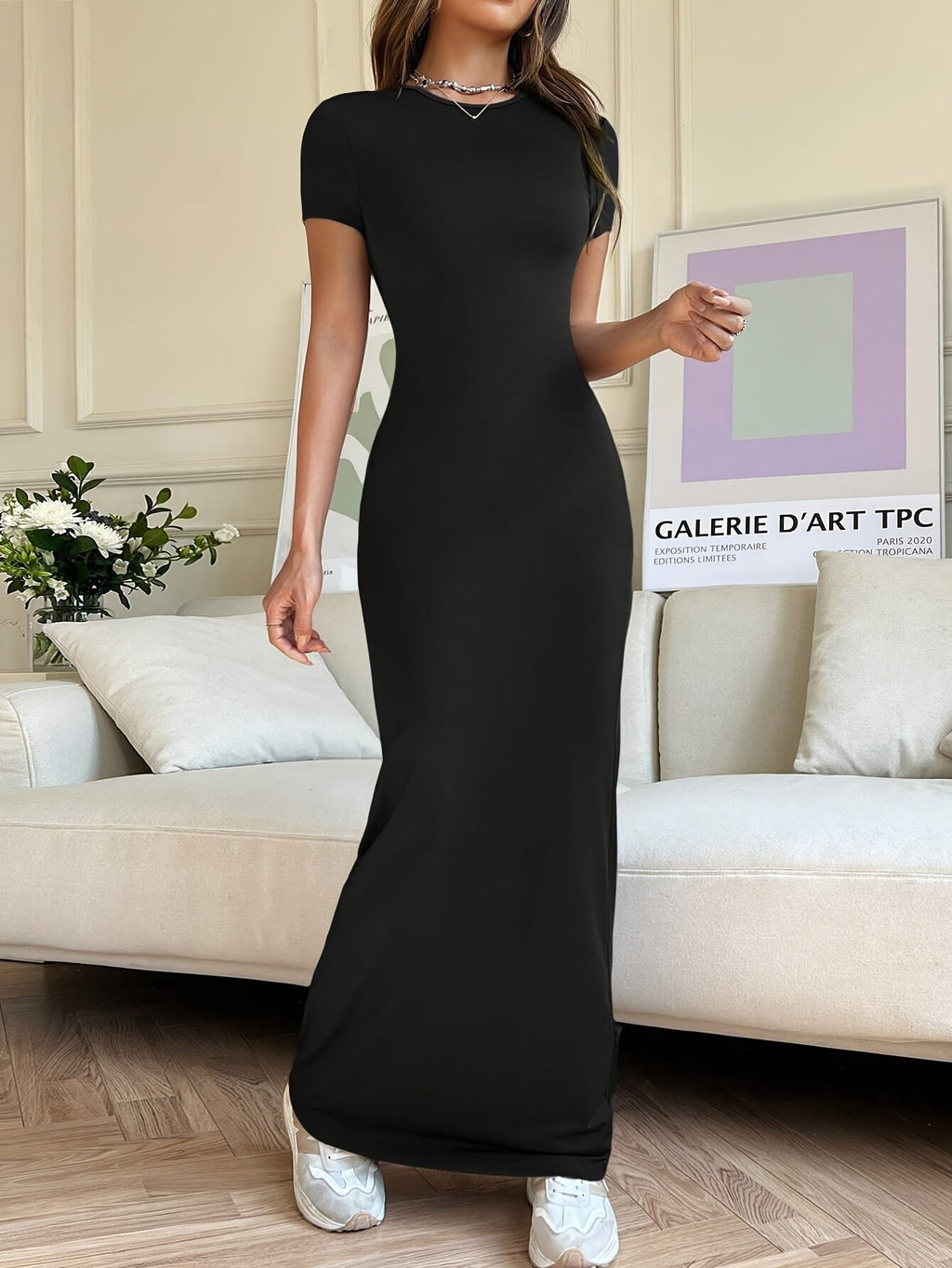 Solid Color Slim Dress, Elegant Crew Neck Short Sleeve Maxi Dress For Summer & Spring, Women's Clothing