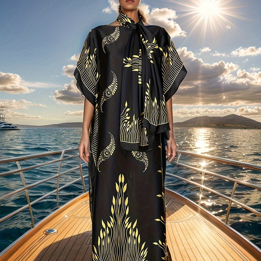 Vestito lungo maxi Valstrend con stampa tribale, maniche a pipistrello, scollo a barca e foulard, abbigliamento estivo femminile