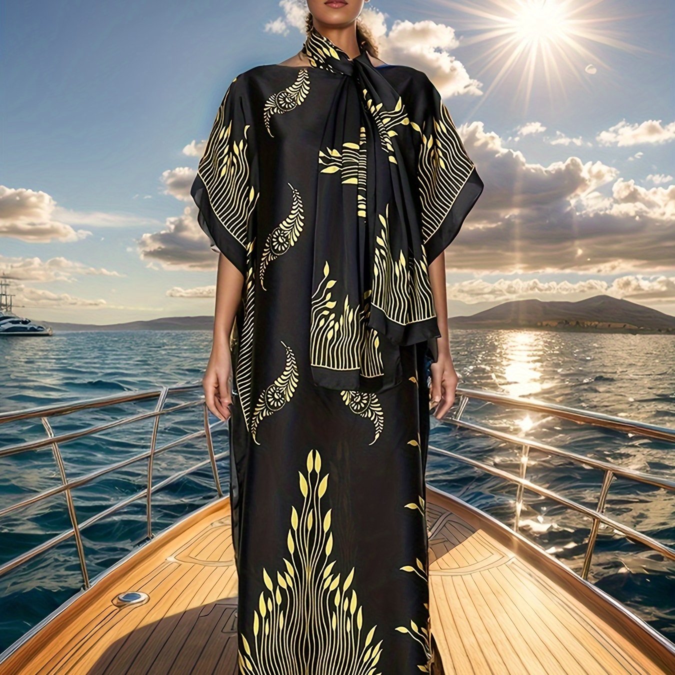 Vestito lungo maxi Valstrend con stampa tribale, maniche a pipistrello, scollo a barca e foulard, abbigliamento estivo femminile