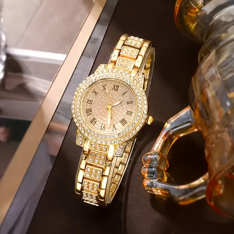 Orologio da donna di lusso Valstrend con set di gioielli, cassa rotonda, cristalli, cinturino in lega, display analogico, resistente agli urti.