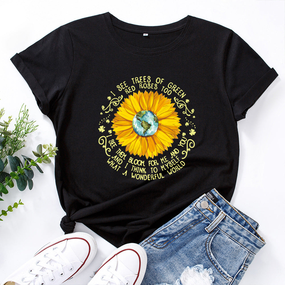 Maglietta Valstrend Bee Festival con collo rotondo, maniche corte e motivo girasole, stile europeo e americano.