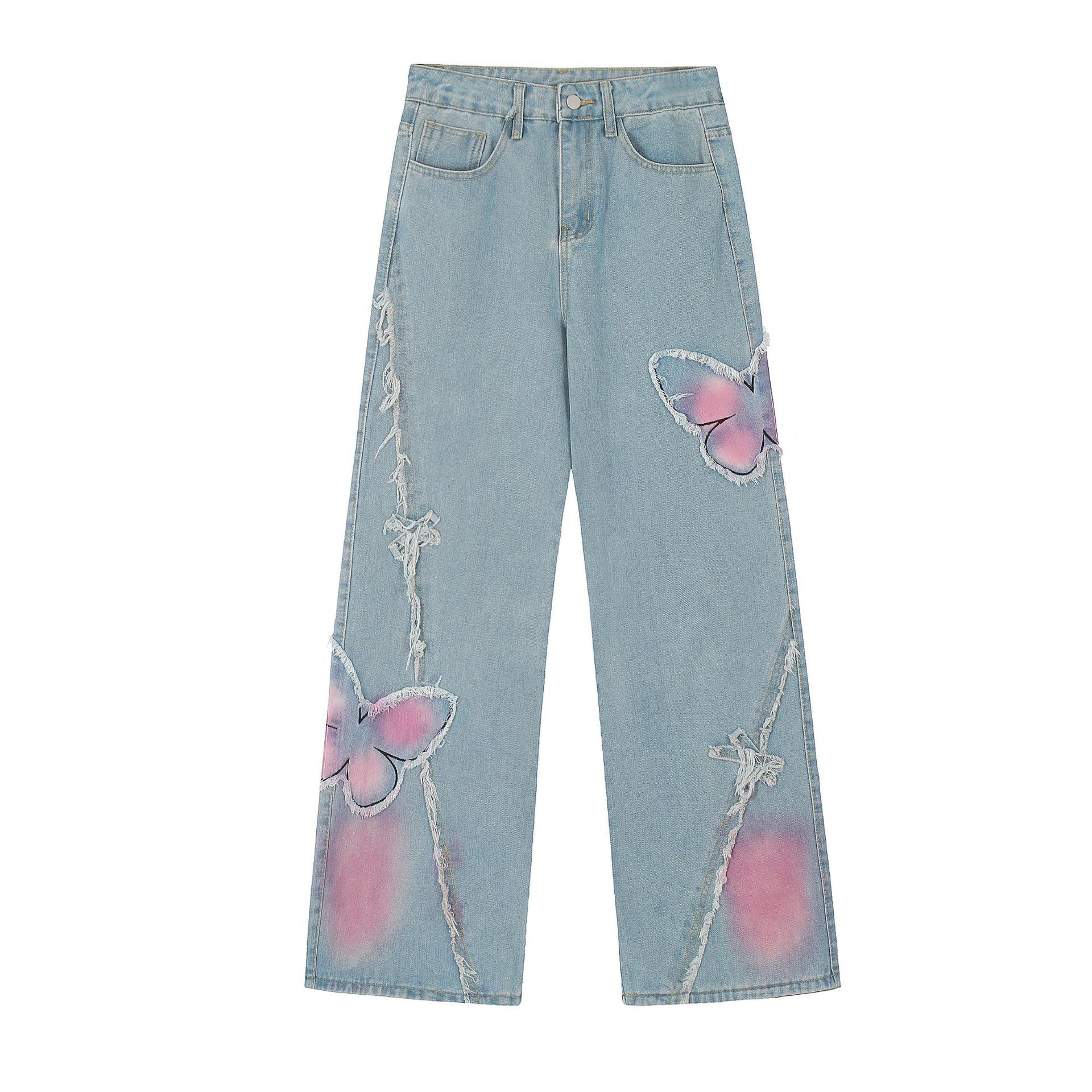 Pantaloni in denim Valstrend con stampa di farfalle dolci e carine, stile casual e femminile.